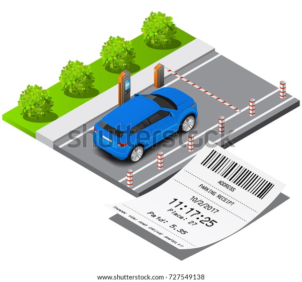 Isometric parking ticket and paying for  the\
parking lot. Parking\
gates.