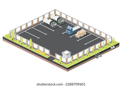 Isometric Parking for Trucks and Cars. Checkpoint with Barrier. Vector Illustration.