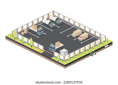 Isometric Parking for Trucks and Cars. Checkpoint with Barrier. Vector Illustration.