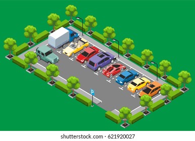 Isometric parking zone concept with trees jeep sedan coupe sport minivan cars and van isolated vector illustration