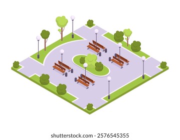 Isometric parkland. Urban city park with benches and trees, modern urban garden 3d vector illustration. City parkland environment