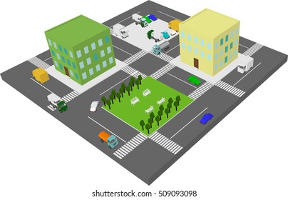 Isometric part 3d of city top view with parking, buildings, trees, cars and roads. View from above. Urban cityscape vector illustration.
