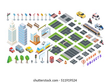 Isometric part of the city infrastructure. Isometric town, street modern, real structure, architecture exterior. 3d elements for map - road, city transport, house, auto, crossroad, tree, buildings.