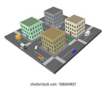 Isometric part of city top view with buildings, cars and roads. View from above. Urban cityscape vector illustration.