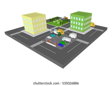 Isometric part of city top view. Parking Car  lot 3d with closed barrier. Urban cityscape vector illustration 
