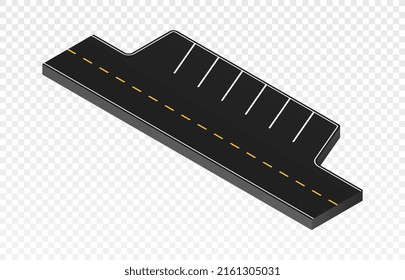 Carretera isométrica. Camino de asfalto junto al aparcamiento, parte de la autopista y la autopista junto a la estación de gasolina o el edificio. Elemento Constructor para crear zona de ciudad. Isometric vector ilustración