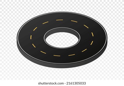 Isometric part road. Asphalt ring to create trails in city center. Special place on map, constructor for realistic town. Transport and travel, competition area. Isometric vector illustration