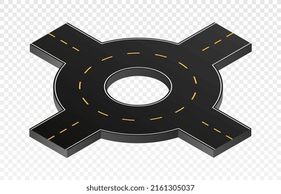 Isometric part road. City junction with several directions. Asphalt ring, special place on map. Constructor for creating streets and traffic. Transportation and path. Isometric vector illustration