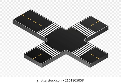Isometric part road. Crossroads in city center, crossroads and traffic. Regulation and rules. Constructor for creating realistic townstreets, place for transport. Isometric vector illustration