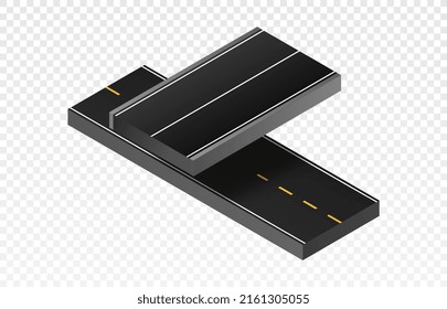 Isometric part road. Crossroads and flyover, junctions at entrance to city. Asphalt roads and bridge constructor element for creating realistic map and traffic. Isometric vector illustration