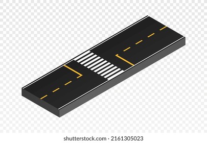 Isometric part road. Wide asphalt highway, place for fast driving to city. Constructor element for creating realistic traffic, transport and travel. Way and path. Isometric vector illustration