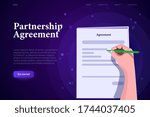 isometric partnership agreement landing page concept, modern stylish contract list with sign and blank text