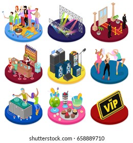 Isometric Party Concept. Night Club Dancing, Disco DJ, Corporate Celebration. Vector flat 3d illustration