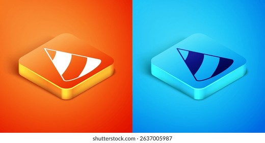 Isometric Party hat icon isolated on orange and blue background. Birthday hat.  Vector