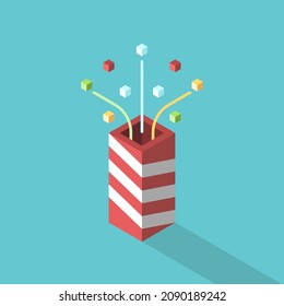 Isometric party popper exploding with confetti. Celebration, event, holiday, birthday, New Year or Christmas concept. Flat design. EPS 8 vector illustration, no transparency, no gradients