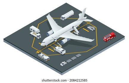 Isometric Passenger Aircraft On Maintenance Of Engine And Fuselage Repair. Repair And Maintenance Of Mechanical Parts