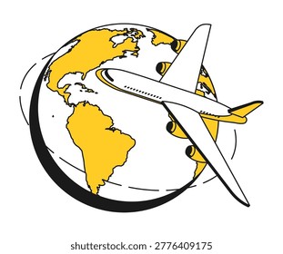 Isometric passenger airliner makes a round the world international flight across Atlantic Ocean. Contrast design with thin outline 3D vector isolated on white background. NO AI GEN