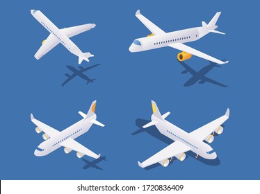 Isometric passenger airplanes during take-off, in flight and on ground. Vector concept collection isolated on blue background with shadows