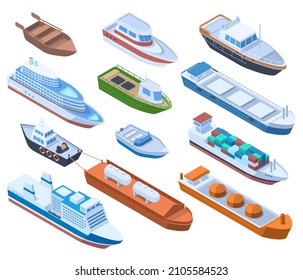 Isometric passenger, cargo sea ships, commercial and sailing boats. Water transport, boat ship, cruiser and passenger ships vector illustration set. Commercial sea ships ship, sea cargo isometric