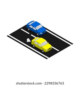 Isometric passenger cars maneuver high angle view on asphalt road. Passenger transportation and small cargo delivery. Realistic 3D vector isolated on white background