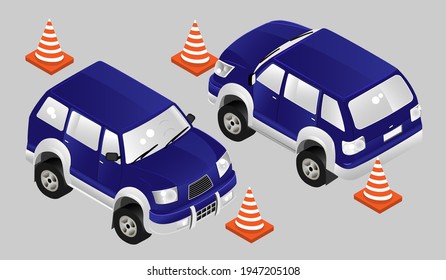 Isometric passenger cars in two views . 3D cars are isolated objects and drawn in a cartoon style. They can be used to create banners, leaflets, flyers and other users.Vector illustration.