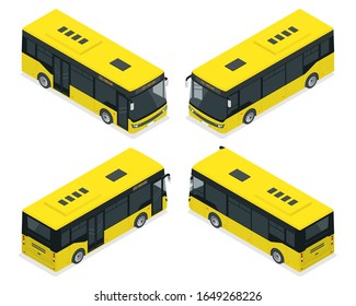 Isometric Passenger City Bus for branding identity and advertising design on transport. Blank City Bus template isolated on white background.