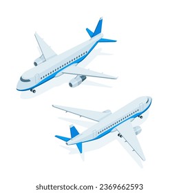 isometric passenger plane front and back view, in color on a white background, an air vehicle for transporting passengers or traveling around the world