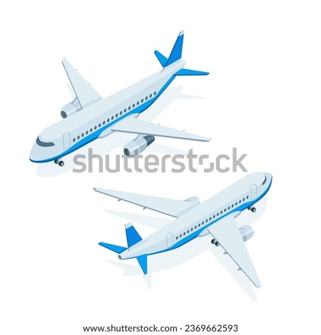 isometric passenger plane front and back view, in color on a white background, an air vehicle for transporting passengers or traveling around the world
