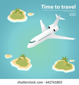 The isometric passenger private jet plane flying over tropical islands with palm trees and the ocean. A design concept for the websites of travel companies a vector.A landscape with sandy beach  sea