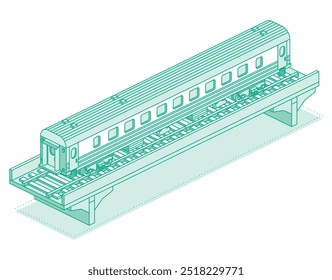 Coche de ferrocarril de pasajeros isométrico en el puente. Objeto aislado sobre fondo blanco. Ferrocarril. Ilustración vectorial. Carro sobre rieles. Esquema del transporte de pasajeros.