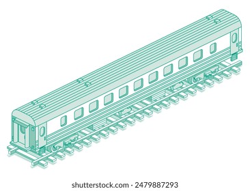 Isometric passenger railroad car. Vector illustration. Outline passenger carriage. Object isolated on white background. Railway. Wagon on rails.