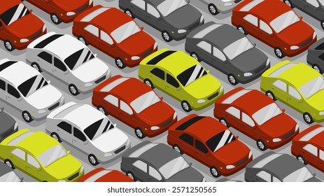 Isometric passenger taxi cars and private cars in urban traffic jam high angle view. Passenger highway transportation. Cartoon 3D vector isolated on gray asphalt background