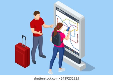 Isometric passengers looking at the metro map, metro or subway map. Underground way. Fictional metro map. Subway station platform. High speed train.