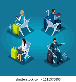 Isometric of passengers sitting in waiting room, business people with luggage Front and back view, business trip, vector illustration