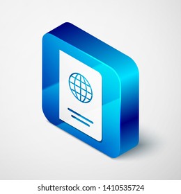 Isometric Passport with biometric data icon isolated on white background. Identification Document. Blue square button. Vector Illustration