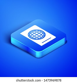 Isometric Passport with biometric data icon isolated on blue background. Identification Document. Blue square button. Vector Illustration