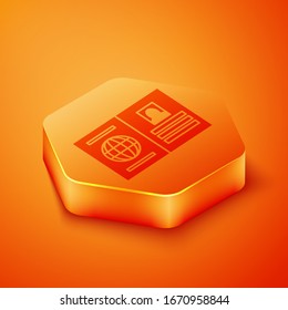Isometrischer Reisepass mit biometrischem Datensymbol einzeln auf orangefarbenem Hintergrund. Identifizierungsdokument. Orangefarbene Hexagon-Taste. Vektorillustration-Illustration