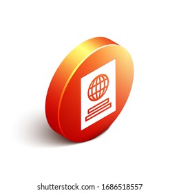 Pasaporte isométrico con icono de datos biométricos aislado en fondo blanco. Documento de identificación. Botón de círculo naranja. Ilustración vectorial