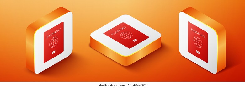 Isometrischer Reisepass mit biometrischem Datensymbol einzeln auf orangefarbenem Hintergrund. Identifizierungsdokument. Orangefarbene Quadrat-Taste. Vektorgrafik.