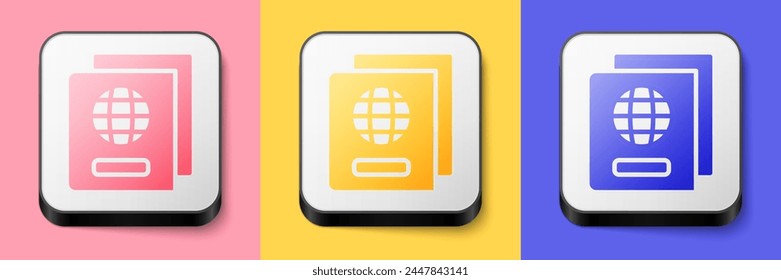 Isometric Passport with biometric data icon isolated on pink, yellow and blue background. Identification document. Square button. Vector