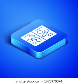 Isometric Passport pages with visa stamps icon isolated on blue background. Opened foreign passport with custom visa stamps. Travel concept. Blue square button. Vector Illustration