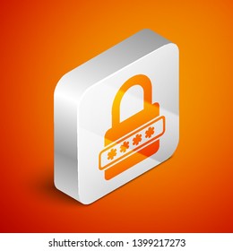 Isometric Password protection and safety access icon isolated on orange background. Lock icon. Security, safety, protection, privacy concept. Silver square button. Vector Illustration