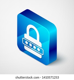 Isometric Password protection and safety access icon isolated on white background. Lock icon. Security, safety, protection, privacy concept. Blue square button. Vector Illustration