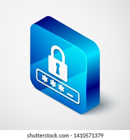Isometric Password protection and safety access icon isolated on white background. Lock icon. Security, safety, protection, privacy concept. Blue square button. Vector Illustration