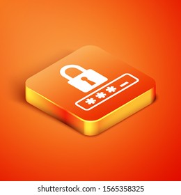 Isometric Password protection and safety access icon isolated on orange background. Lock icon. Security, safety, protection, privacy concept.  Vector Illustration