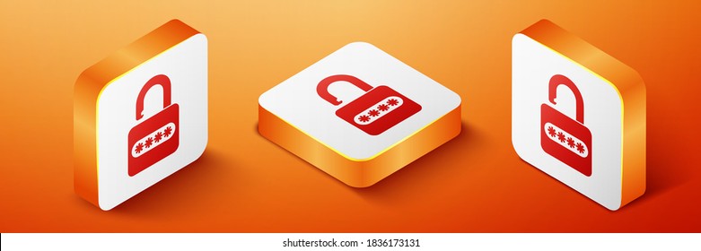 Isometric Password protection and safety access icon isolated on orange background. Lock icon. Security, safety, protection, privacy concept. Orange square button. Vector.