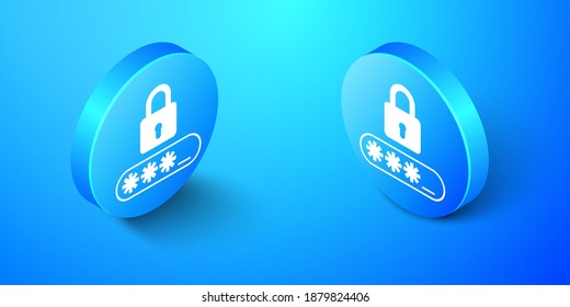 Isometric Password protection and safety access icon isolated on blue background. Lock icon. Security, safety, protection, privacy concept. Blue circle button. Vector.