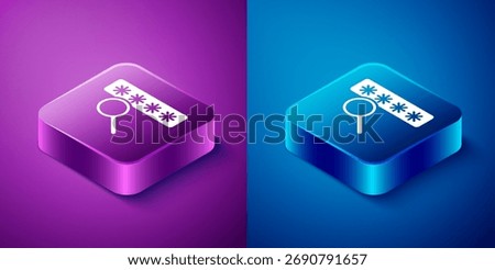 Isometric Password protection and safety access icon isolated on blue and purple background. Security, safety, protection, privacy concept. Square button. Vector Illustration