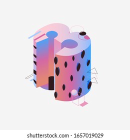 Isometric pastel number 3 drawn with textures and geometric shapes, 3d spheres and shadows. Concept digit illustration
