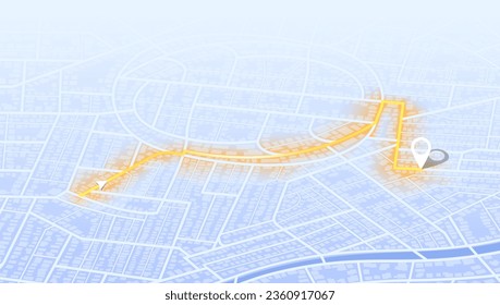 Isometric. La ruta marcada en el mapa hasta el punto designado. Vista desde arriba de los edificios del mapa. Vista superior de la ciudad. Edificios residenciales de barrio. Un diseño simple y bonito. Vector de fondo abstracto